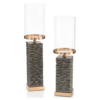 Set of Two Stacked Gray Marble Candleholders