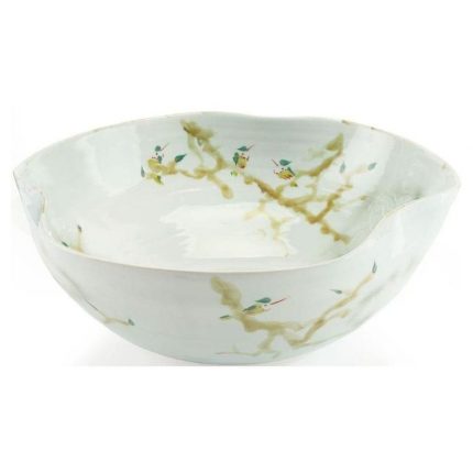 Curled-Rim Bowl in Greens and Yellows- 9"