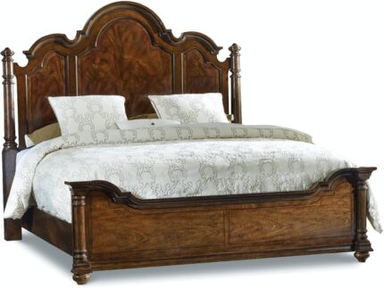 The striking, heirloom-quality Leesburg California King-sized Poster Bed is elegantly shaped and displays exquisite swirl and cathedral mahogany veneers on the generously-scaled headboard.